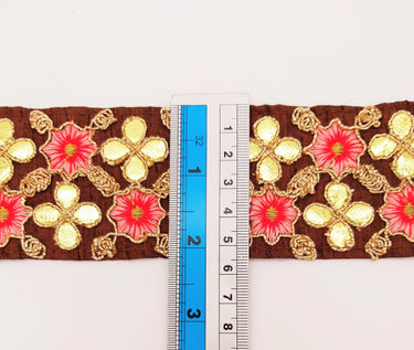 Brown Art Silk Fabric Trim, Salmon Pink & Gold Floral Embroidery Gota Patti Indian Sari Border Trim By Yard Decorative Trim Craft Lace